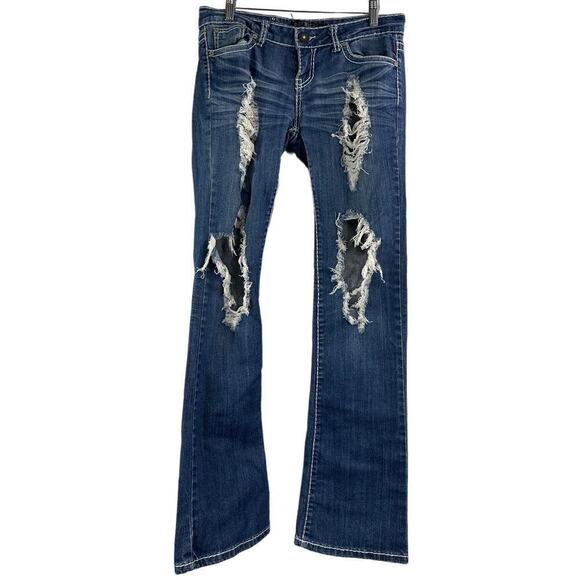 PREMIERE RUE21 Bling Distressed Boot Cut Medium Wash Blue Jeans Size 5/6R - Picture 1 of 5